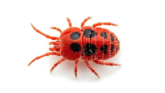 Red Clover Mite with Black Spots on White Background.