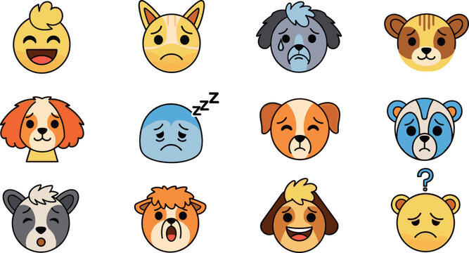 Cute animal emoji faces set cartoon expressions collection happy sad sleepy confused dog bear vector illustration icons