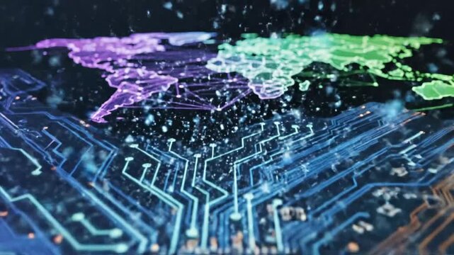 Global Cyber Security Digital Animation: Animated padlock, circuit board, and a glowing world map representing data protection.