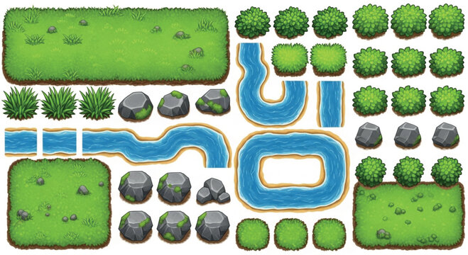 Cartoon game environment assets, 2D landscape map constructor with grass tiles and river paths, nature level design elements vector set isolated PNG with Transparent Background