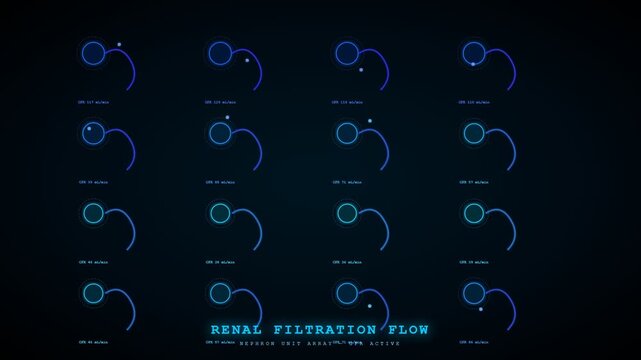 Dynamic animation visualizing Biometric Data Flow, specifically renal filtration, through a glowing digital interface, representing intricate biological processes and kidney function.