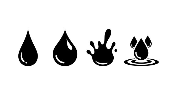 Water droplets icon set with black silhouettes and shiny effects on white background featuring droplet icons, waterdrop set, vector graphics