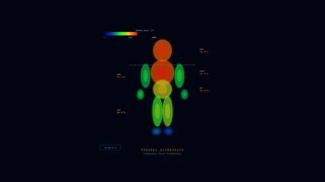 Biometric Data Flow visualized through advanced thermal imaging, depicting an abstract human infrared body signature with real-time temperature data for analysis.