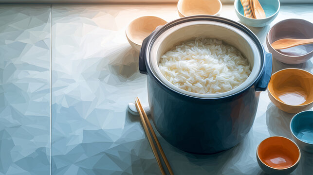 俯瞰視点の炊飯器と白米と和食器が並ぶ日本の食卓イラストの水彩ポリゴン