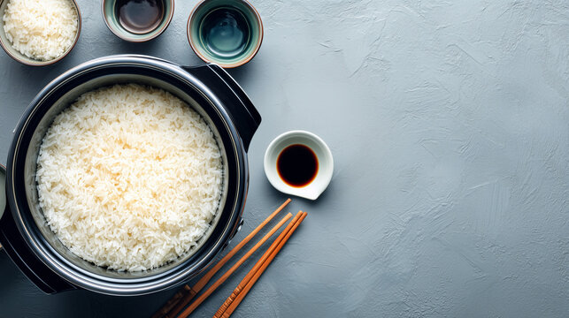 俯瞰で捉えた炊きたてご飯と炊飯器と和食器が並ぶ日本のキッチンテーブルのシネマティック広告イメージ