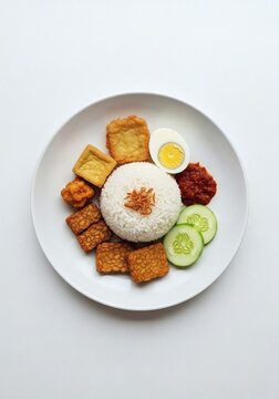 A top-down view of a traditional Malaysian Nasi Lemak dish with coconut rice, fried tofu, tempeh, hard-boiled egg, sambal, and cucumber slices on a white plate.