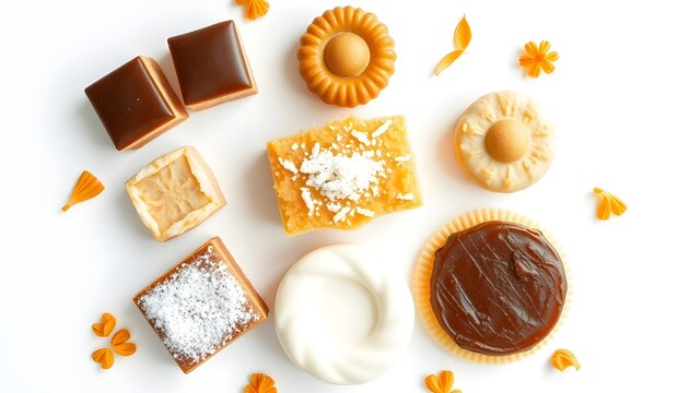Assorted Jajanan Pasar Flat Lay. Flat lay composition of assorted traditional Indonesian jajanan pasar cakes, including klepon, putu ayu, cenil, and lapis