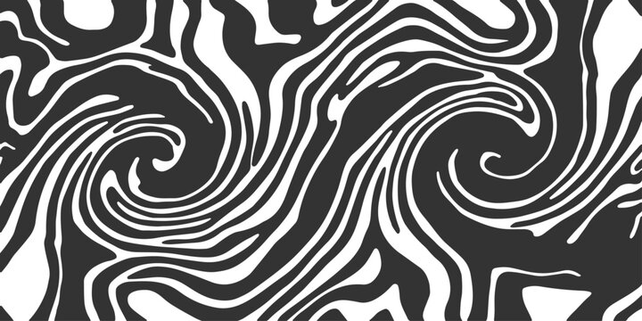 Seamless black and white abstract pattern featuring a vector zebra skin texture with wild wave lines and striped marble swirls for a decorative textile wallpaper design