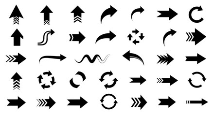Fototapeta premium Arrows hand drawn set with black curved lines, arrows pointing in various directions, icons for navigation and design