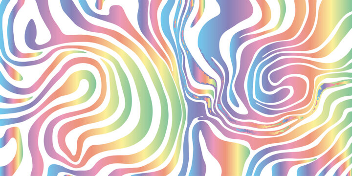 Abstract colorful background vector illustration featuring a seamless psychedelic pattern of bright rainbow waves, swirls, and curved stripes in red, orange, pink, and yellow art design