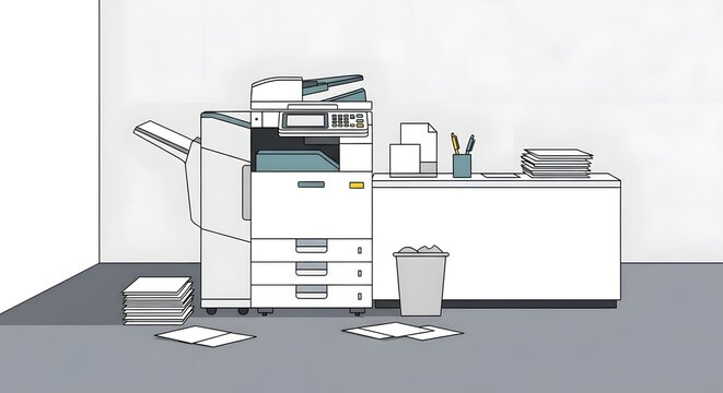 A line art illustration of a busy office corner featuring a large printer and stacked papers.