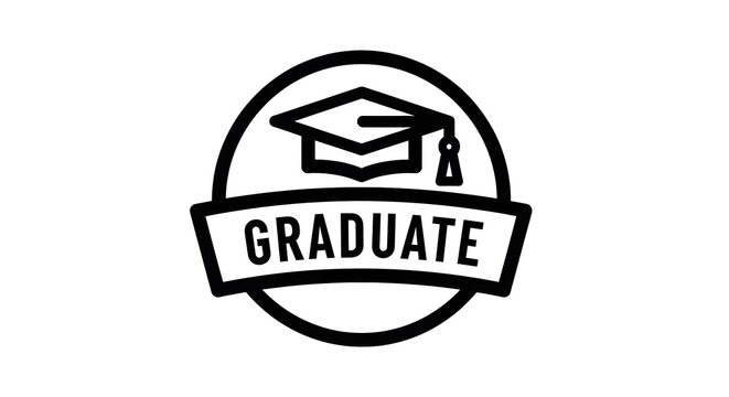 A simple black and white vector icon of a graduation cap with the word graduate written below it.