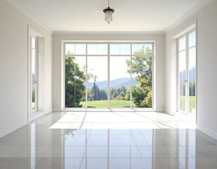 Fototapeta premium A bright empty room with large windows overlooking a scenic view