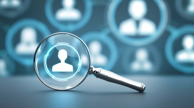 User profile icon under magnifying glass highlighted with glowing tech search feeling