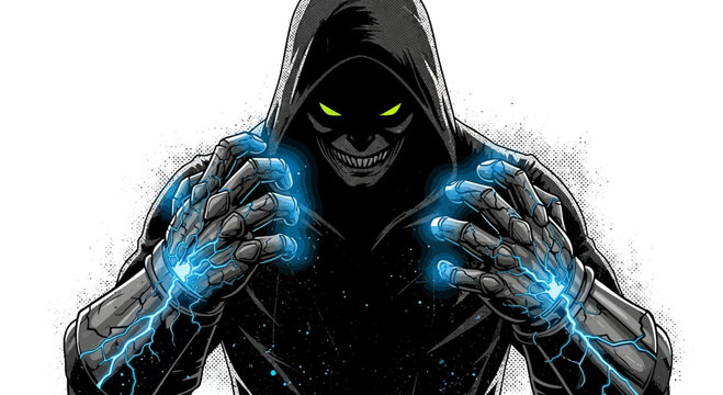 Dark hooded figure with glowing green eyes and crackling blue energy from hands