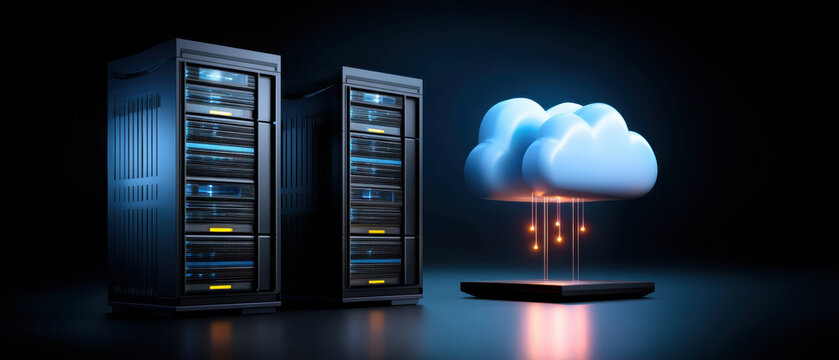 Cloud server rack data center glowing with secure digital connection and modern technology