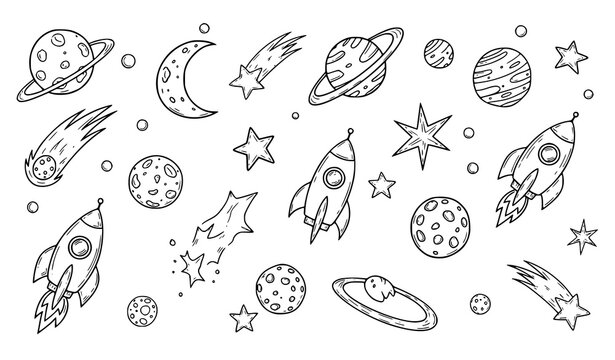 A vector graphic illustration of space objects and rockets in a minimalist design