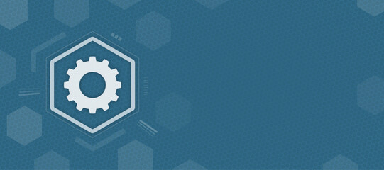 Obraz premium Abstract technology background featuring a white gear symbol centered in a hexagonal frame on a blue patterned surface with subtle digital UI elements for various technical