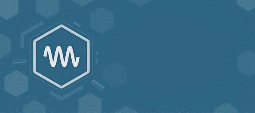 Abstract background featuring a central hexagonal icon with a waveform symbol surrounded by subtle technical geometric patterns and a deep blue honeycomb textured surface