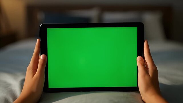 Young boy holding a digital tablet with green screen display in bedroom