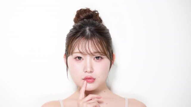 肌や唇を気にする若いお団子のアップヘアのかわいい女性の美容とスキンケアの悩みイメージの動画