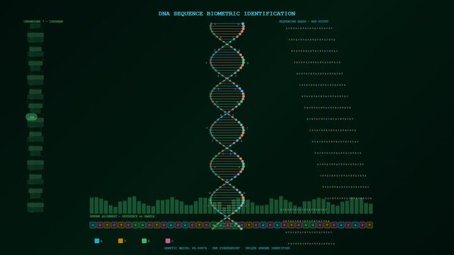 Sophisticated Biometric Data Integration system digitally displaying animated DNA sequencing, chromosome ideogram, and genetic alignment analysis for precise human identification and research.
