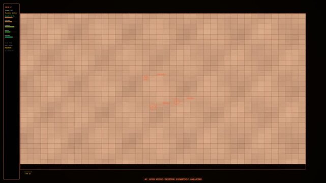 A sophisticated user interface displays the process of biometric data integration, with abstract patterns representing skin texture analysis for identification.