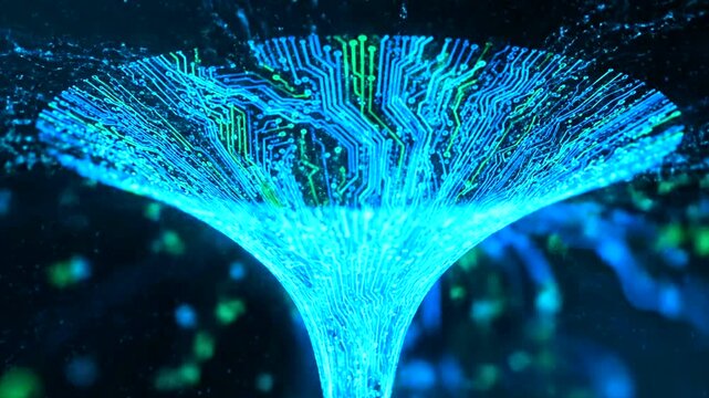 Abstract funnel of flowing data representing big data processing and digital information flow.
