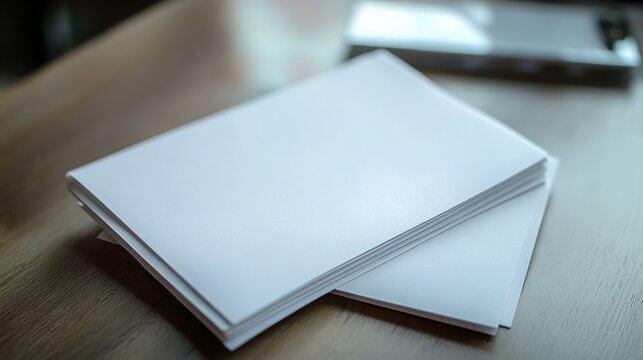 A stack of blank white paper sheets on a wooden desk in an office setting