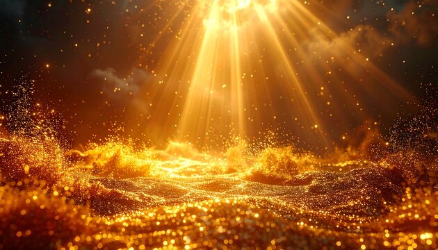 Dramatic scene Golden light beams pierce through clouds onto glittering waves