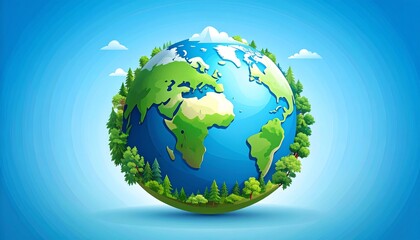 Naklejka premium Earth Globe with Lush Green Forest and Waterfall in Blue Sky Background for Environmental Protection and World Earth Day Concept
