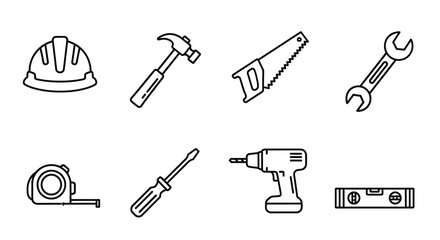 Fototapeta premium A collection of simple tools and household objects illustrated in black and white Vector