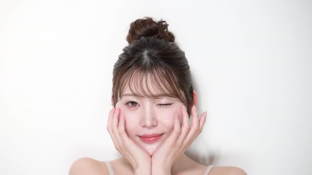 お団子のアップヘアの若い女性の艶や透明感やツヤ肌のビューティー　カメラ目線でウィンク　エステやカラコンやまつ毛パーマなどのかわいいイメージの動画