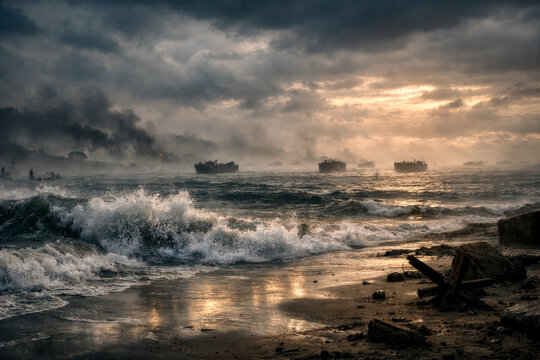Historic World War II amphibious landing scene on D Day June 6 depicting Allied forces storming the beach under fire with dramatic wartime atmosphere