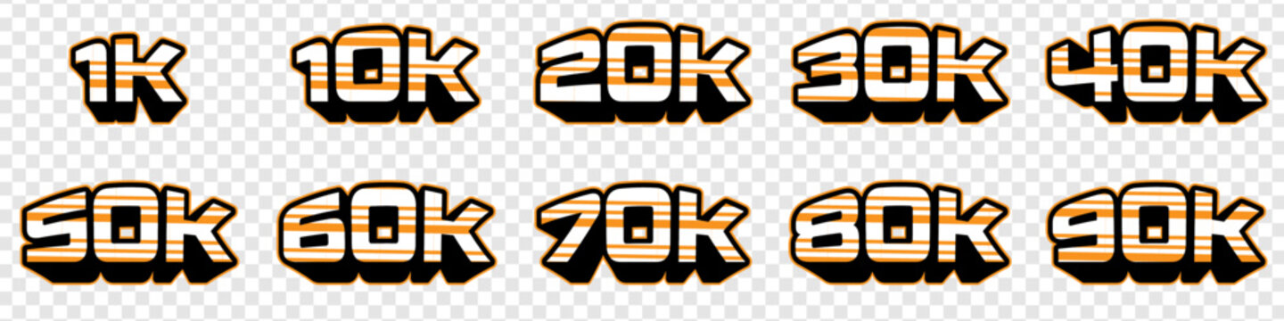3D K Number Set with Orange Outline and Black Shadow, Cartoon Style Numeric Text Collection 1K to 90K