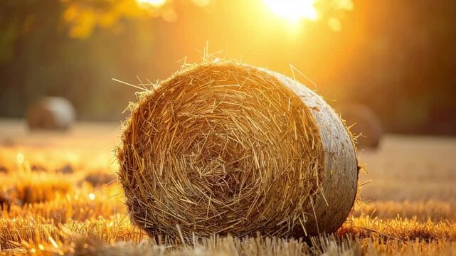 Golden hour hay bale in a sunlit agricultural field at sunset