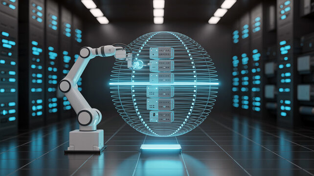Robotic arm interacts with futuristic glowing blue wireframe globe in a dark server room with neon lights
