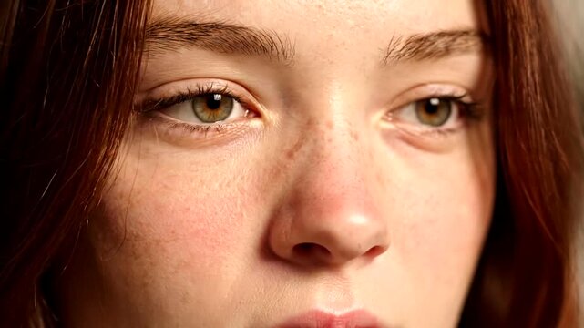 Closeup of a young womans face with freckles and expressive eyes.