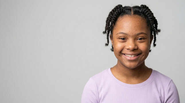 Portrait of a smiling young Black girl with braids in a studio, wearing a purple shirt, joyful childhood, friendly expression, happy kid.