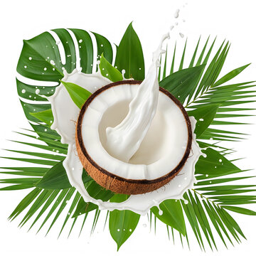 A coconut with milk splashing into it isolated on white background