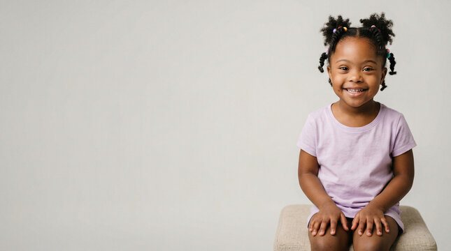 Smiling young Black girl with braids sitting in a studio, friendly expression and casual outfit, joyful childhood, sweet lifestyle, happy portrait.