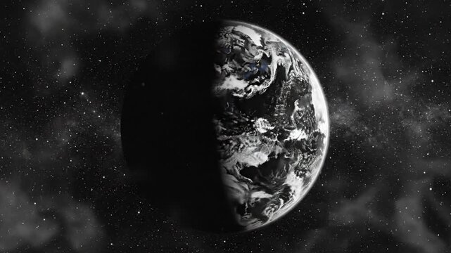 Black and white earth in space with half-lit and half-shadowed surface against a starry background
