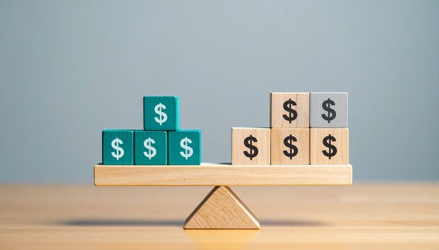 Balanced scale comparing stacked dollar blocks, financial equality concept