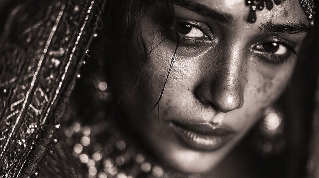 Black and white close-up of emotional Indian bride with tears, raw cinematic portrait