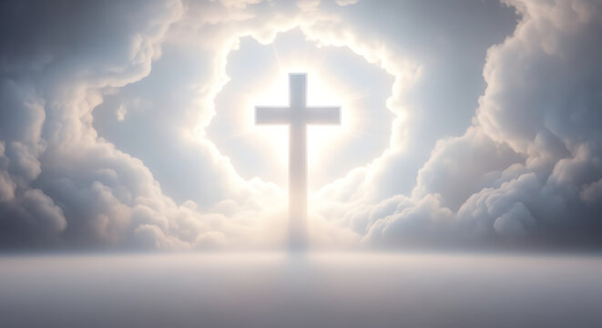Divine Light and Heavenly Clouds Illuminating a Glowing Cross