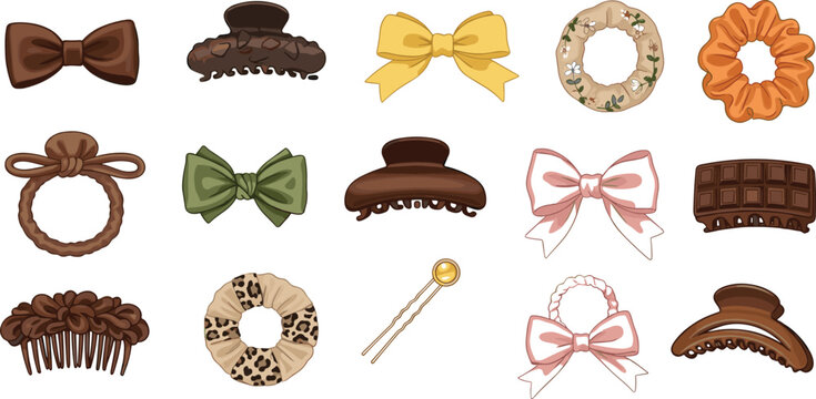 Collection of Hair Accessories Including Bows, Clips, and Scrunchies in Various Styles, Hand-Drawn Vector Illustration for Fashion and Beauty Designs