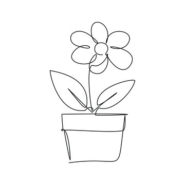 Continuous Line Art Drawing of a Potted Flower with Leaves Simple Minimalist Design