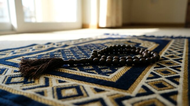 Wooden prayer beads tasbih on a blue traditional prayer rug in a bright room.