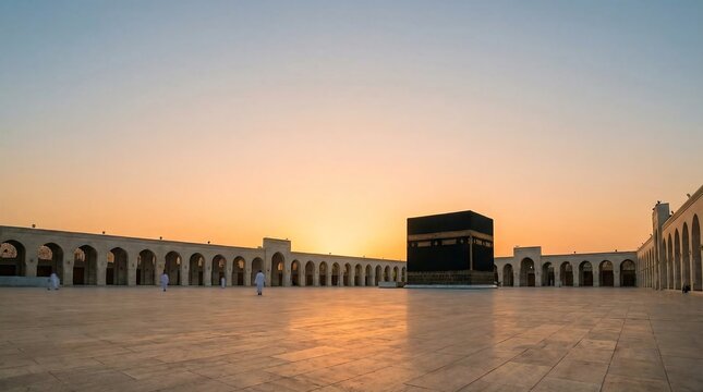 The Kaaba at the Grand Mosque in Mecca during sunrise.