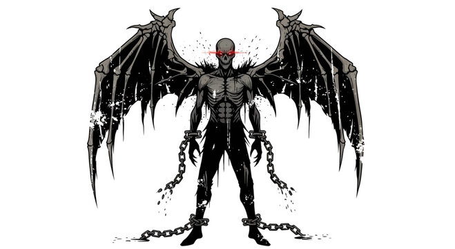 Demonic Angel with Tattered Wings and Glowing Red Eyes, Chained